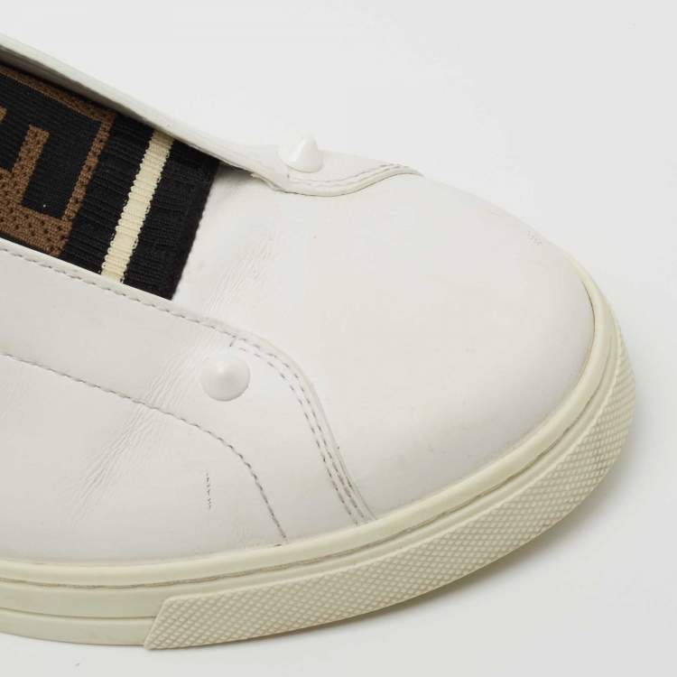 Pre Owned Fendi White Leather Knitted Logo Rockoclick Low Top Sneakers Size 38