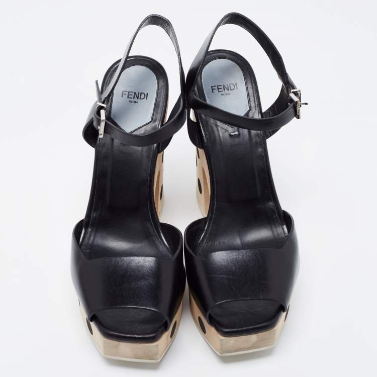 Pre Owned Fendi Black Leather Platform Ankle Strap Sandals Size 39