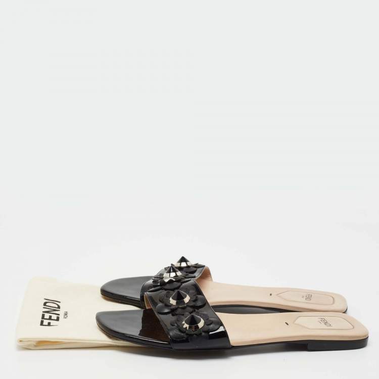 Pre Owned Fendi Black Patent Leather Flowerland Slides Size 39.5