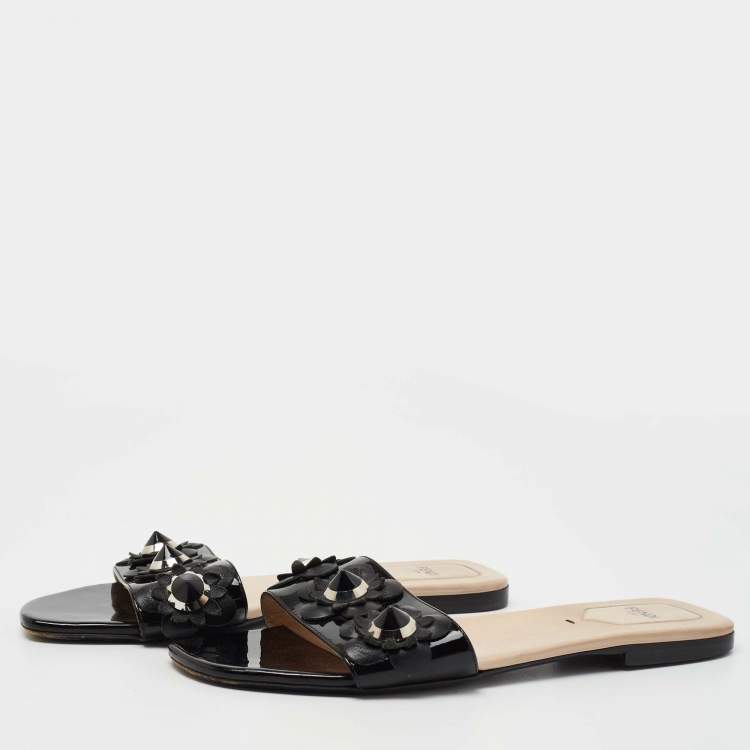 Pre Owned Fendi Black Patent Leather Flowerland Slides Size 39.5