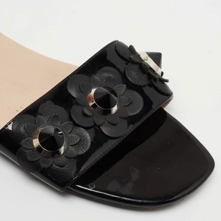 Pre Owned Fendi Black Patent Leather Flowerland Slides Size 39.5