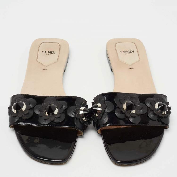 Pre Owned Fendi Black Patent Leather Flowerland Slides Size 39.5