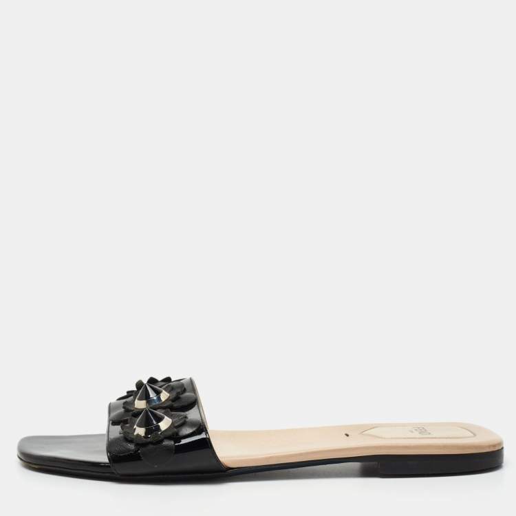 Pre Owned Fendi Black Patent Leather Flowerland Slides Size 39.5