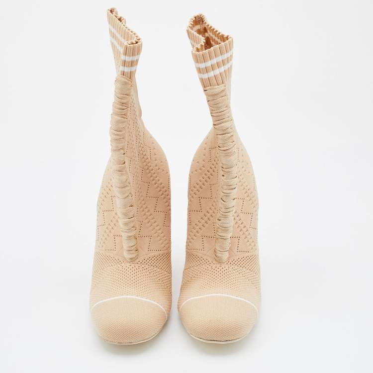 Pre Owned Fendi Beige Knit Fabric Rockoko Runway Openwork Ankle Boots Size 38
