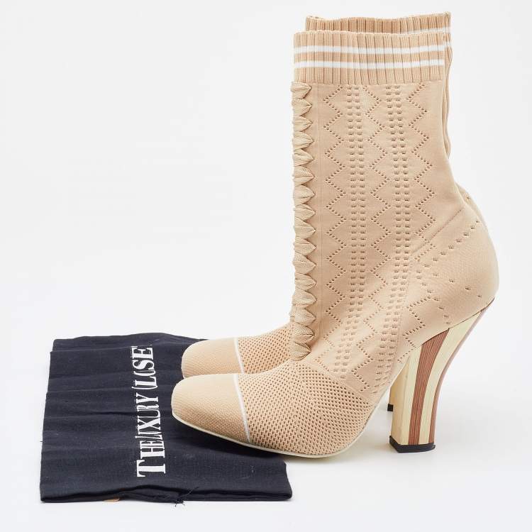 Pre Owned Fendi Beige Knit Fabric Rockoko Runway Openwork Ankle Boots Size 38