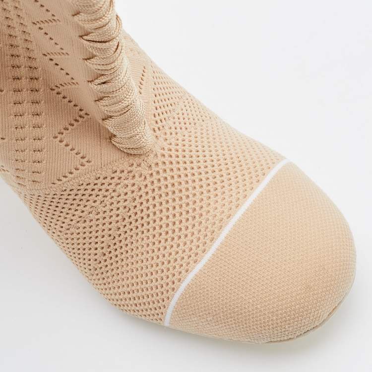 Pre Owned Fendi Beige Knit Fabric Rockoko Runway Openwork Ankle Boots Size 38