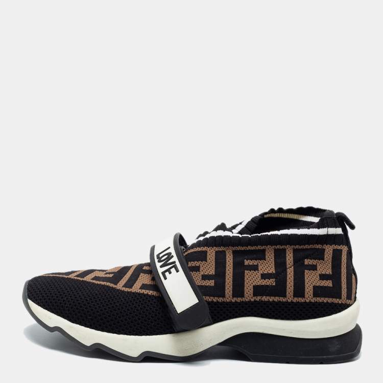 مملوكة مسبقًا Fendi Black/Brown Knit Fabric FF Rockoko Slip On Sneakers Size 36