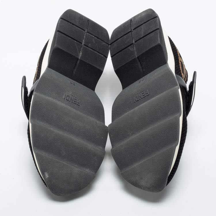 مملوكة مسبقًا Fendi Black/Brown Knit Fabric FF Rockoko Slip On Sneakers Size 36