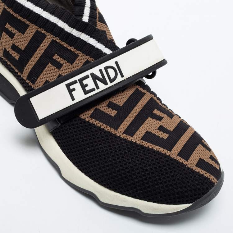 مملوكة مسبقًا Fendi Black/Brown Knit Fabric FF Rockoko Slip On Sneakers Size 36