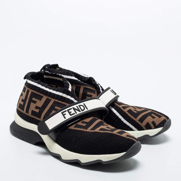 مملوكة مسبقًا Fendi Black/Brown Knit Fabric FF Rockoko Slip On Sneakers Size 36