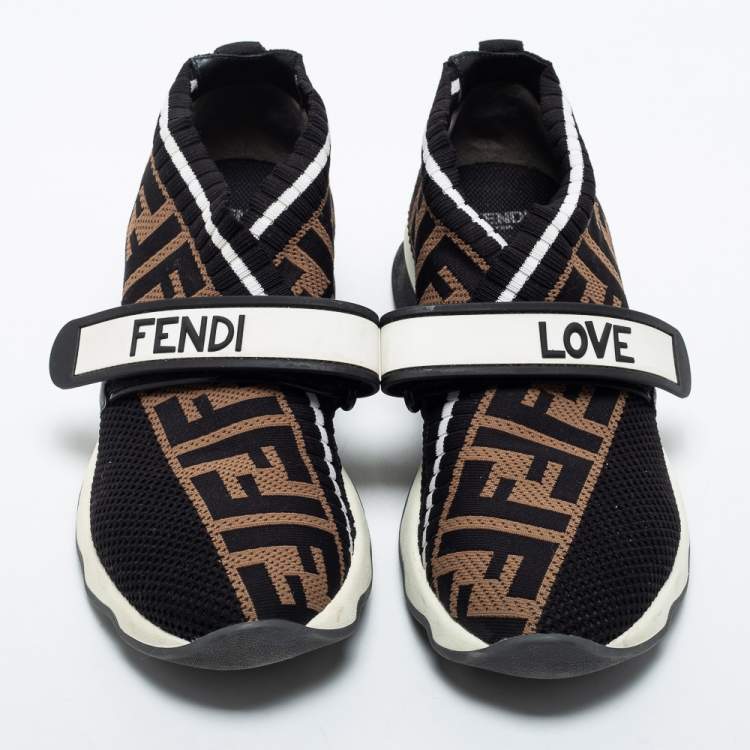 مملوكة مسبقًا Fendi Black/Brown Knit Fabric FF Rockoko Slip On Sneakers Size 36