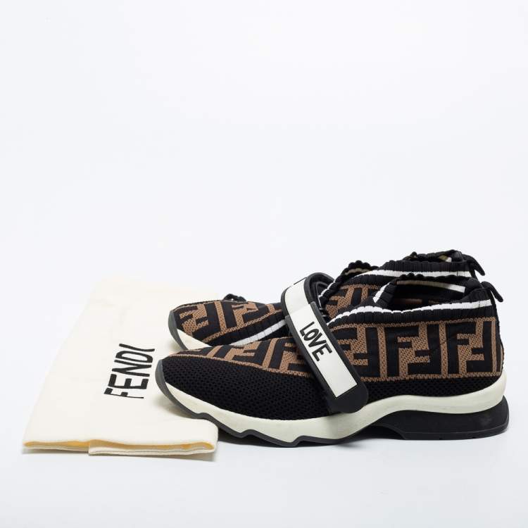 مملوكة مسبقًا Fendi Black/Brown Knit Fabric FF Rockoko Slip On Sneakers Size 36