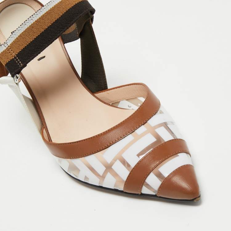 Pre Owned Fendi Brown/White PVC and Leather Colibri Slingback Pumps Size 38