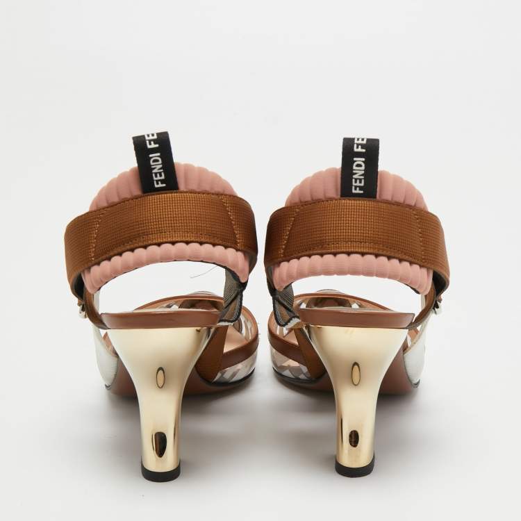 Pre Owned Fendi Brown/White PVC and Leather Colibri Slingback Pumps Size 38