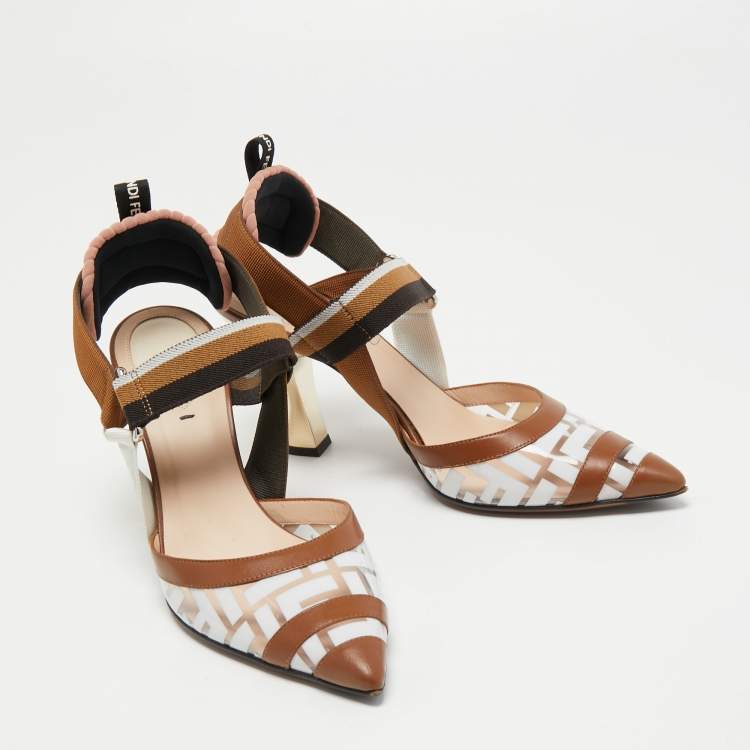 Pre Owned Fendi Brown/White PVC and Leather Colibri Slingback Pumps Size 38