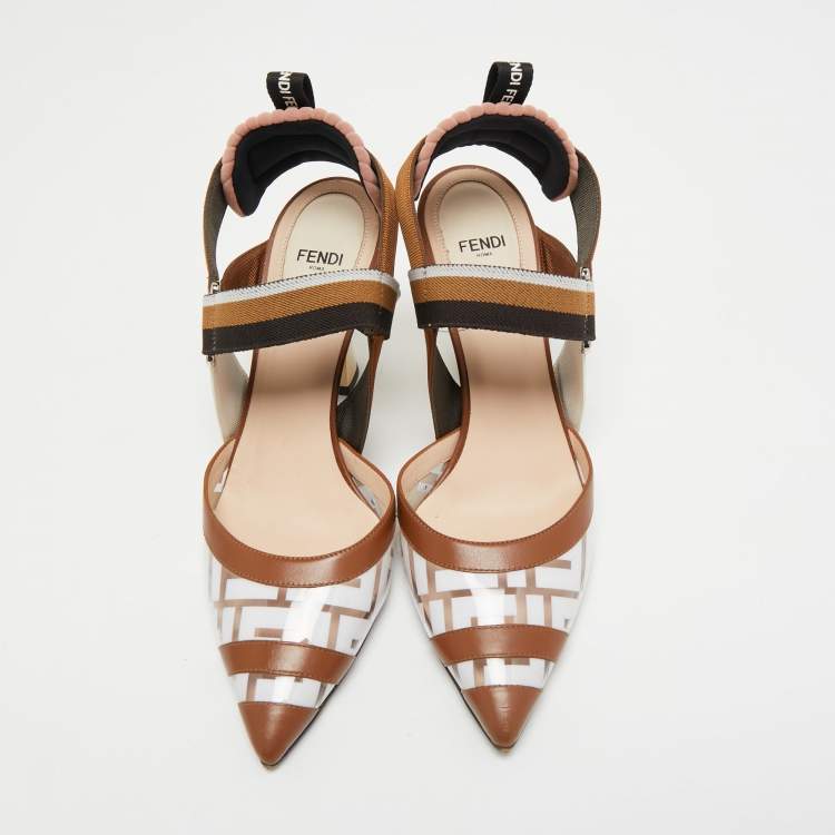 Pre Owned Fendi Brown/White PVC and Leather Colibri Slingback Pumps Size 38
