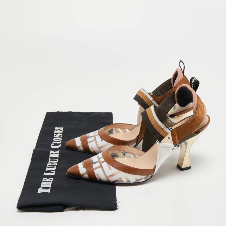 Pre Owned Fendi Brown/White PVC and Leather Colibri Slingback Pumps Size 38