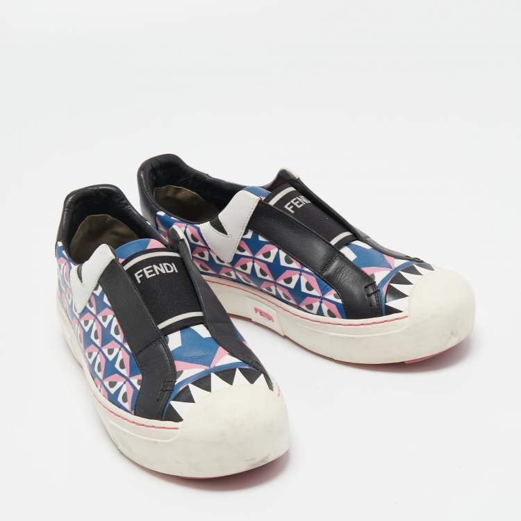 Pre Owned Fendi Multicolor Bug Eye Print Leather Slip On Sneakers Size 38