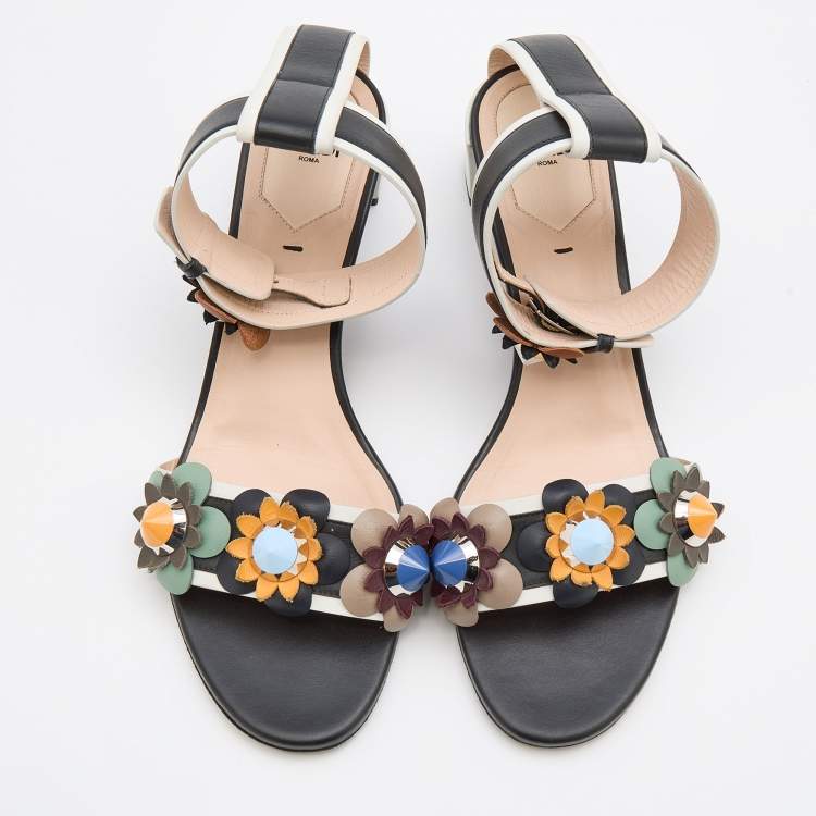 Pre Owned Fendi Multicolor Leather Flowerland Ankle Strap Sandals Size 39