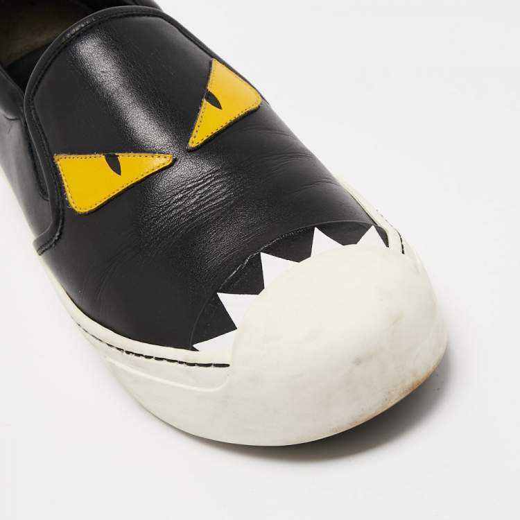 Pre Owned Fendi Black Leather Monster Slip On Sneakers Size 38.5