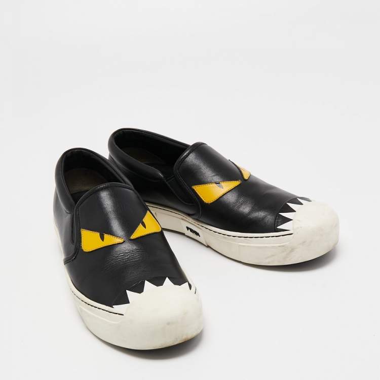 Pre Owned Fendi Black Leather Monster Slip On Sneakers Size 38.5