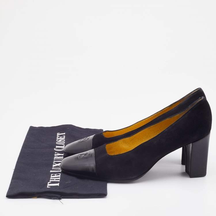 Pre Owned Fendi Vintage Black Suede and Leather Block Heel Pumps Size 38.5