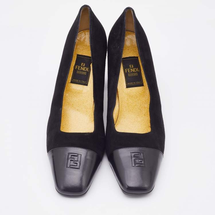 Pre Owned Fendi Vintage Black Suede and Leather Block Heel Pumps Size 38.5