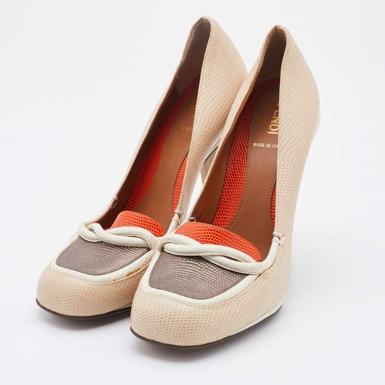 Pre Owned Fendi Multicolor Lizard Embossed Leather Loafer Pumps Size 38.5