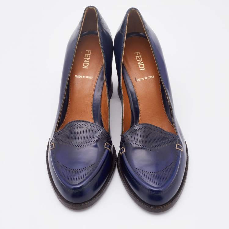 مملوكة مسبقًا Fendi Navy Blue Leather Austin Block Heel Loafer Pumps Size 38