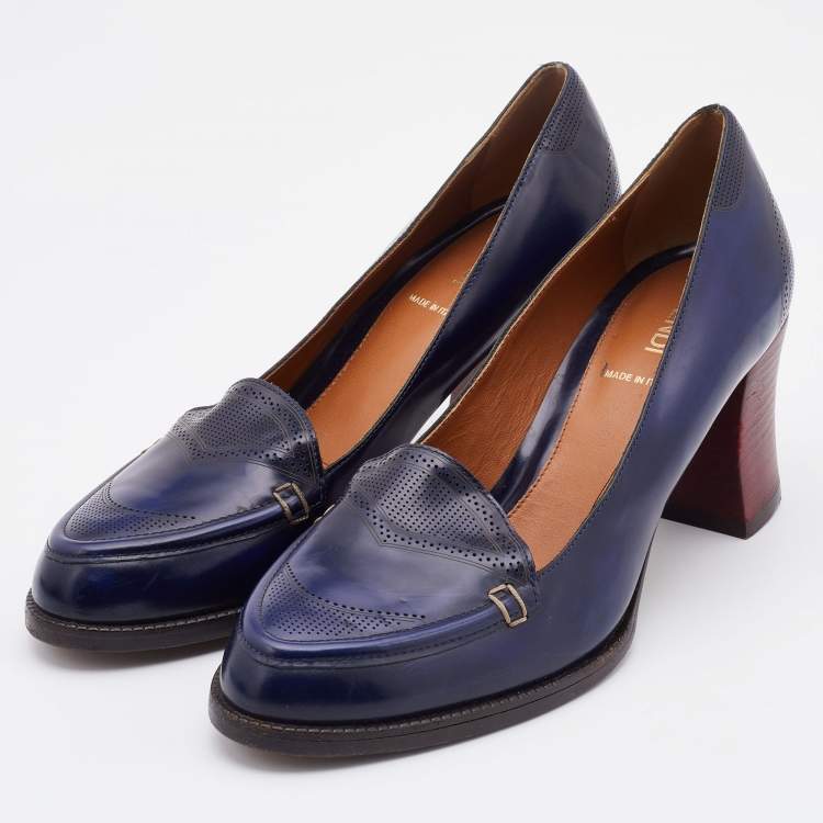 مملوكة مسبقًا Fendi Navy Blue Leather Austin Block Heel Loafer Pumps Size 38