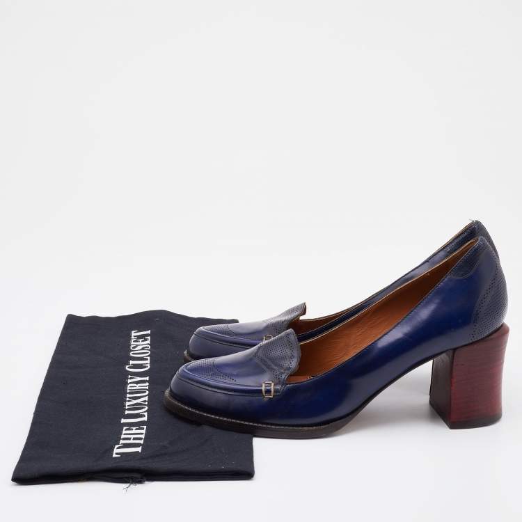 مملوكة مسبقًا Fendi Navy Blue Leather Austin Block Heel Loafer Pumps Size 38