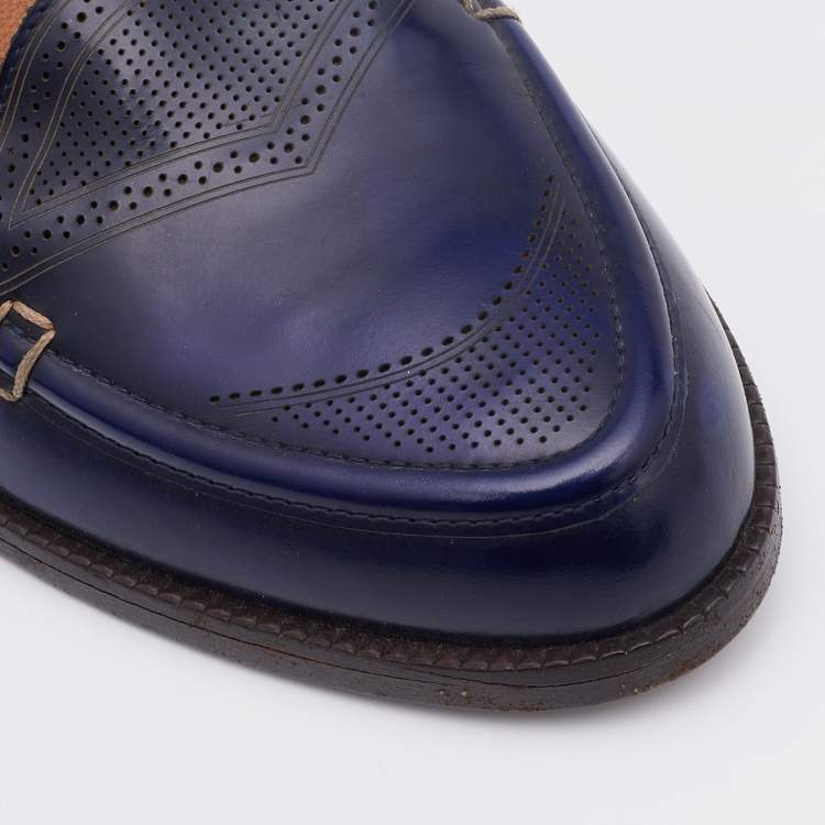 مملوكة مسبقًا Fendi Navy Blue Leather Austin Block Heel Loafer Pumps Size 38
