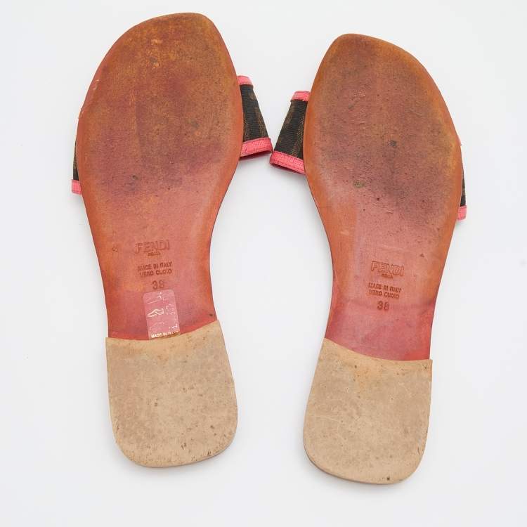 Pre Owned Fendi Brown/Pink Zucca Canvas and Leather Flat Slides Size 38