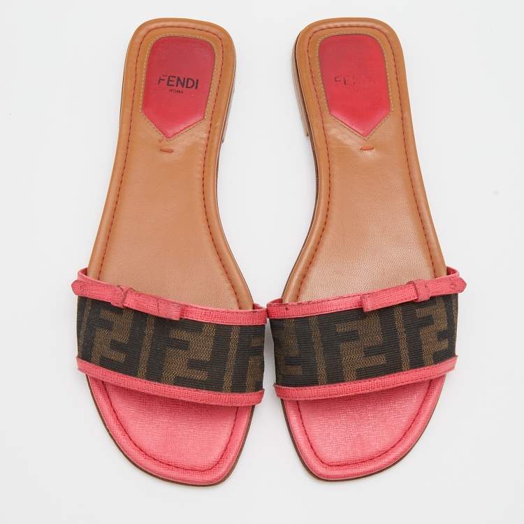Pre Owned Fendi Brown/Pink Zucca Canvas and Leather Flat Slides Size 38