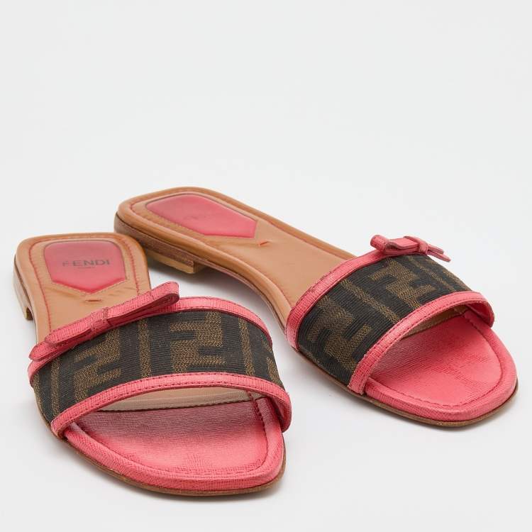 Pre Owned Fendi Brown/Pink Zucca Canvas and Leather Flat Slides Size 38