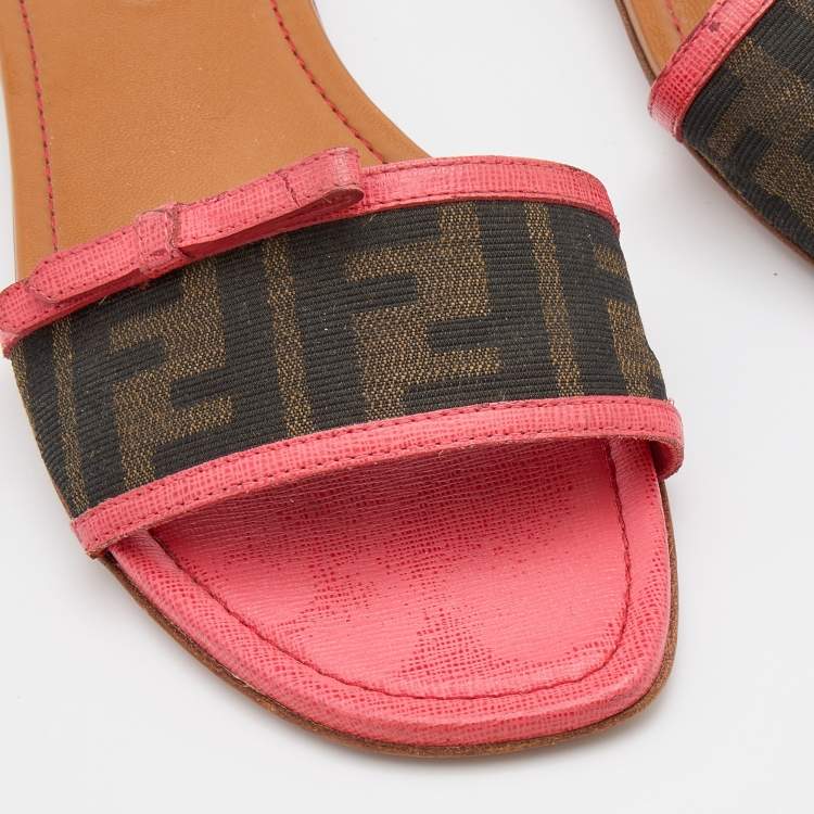 Pre Owned Fendi Brown/Pink Zucca Canvas and Leather Flat Slides Size 38