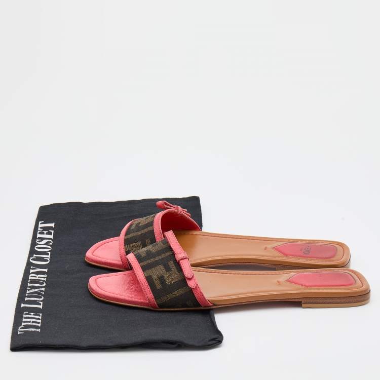 Pre Owned Fendi Brown/Pink Zucca Canvas and Leather Flat Slides Size 38