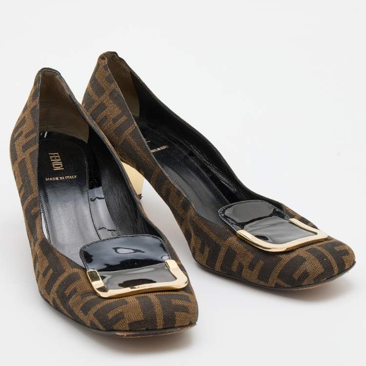 Pre Owned Fendi Brown/Black Zucca Canvas and Patent Leather Square Toe Pumps Size 41