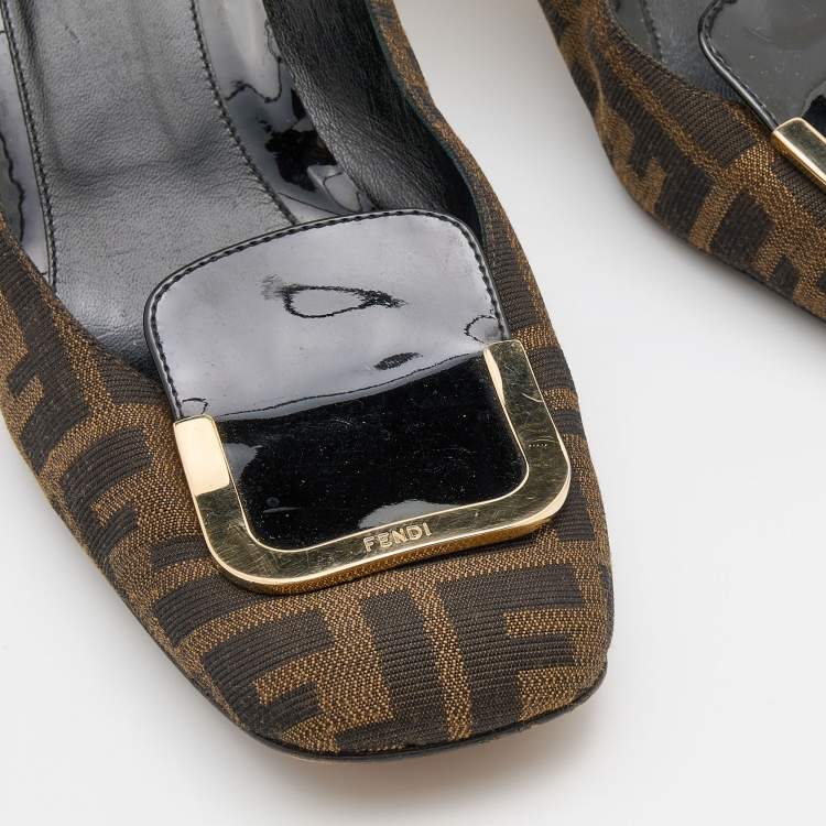 Pre Owned Fendi Brown/Black Zucca Canvas and Patent Leather Square Toe Pumps Size 41