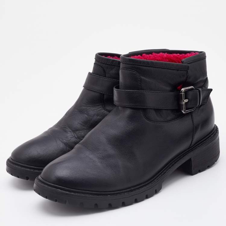 Pre Owned Fendi Black Leather Combat Ankle Boots Size 37