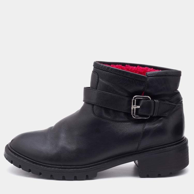 Pre Owned Fendi Black Leather Combat Ankle Boots Size 37