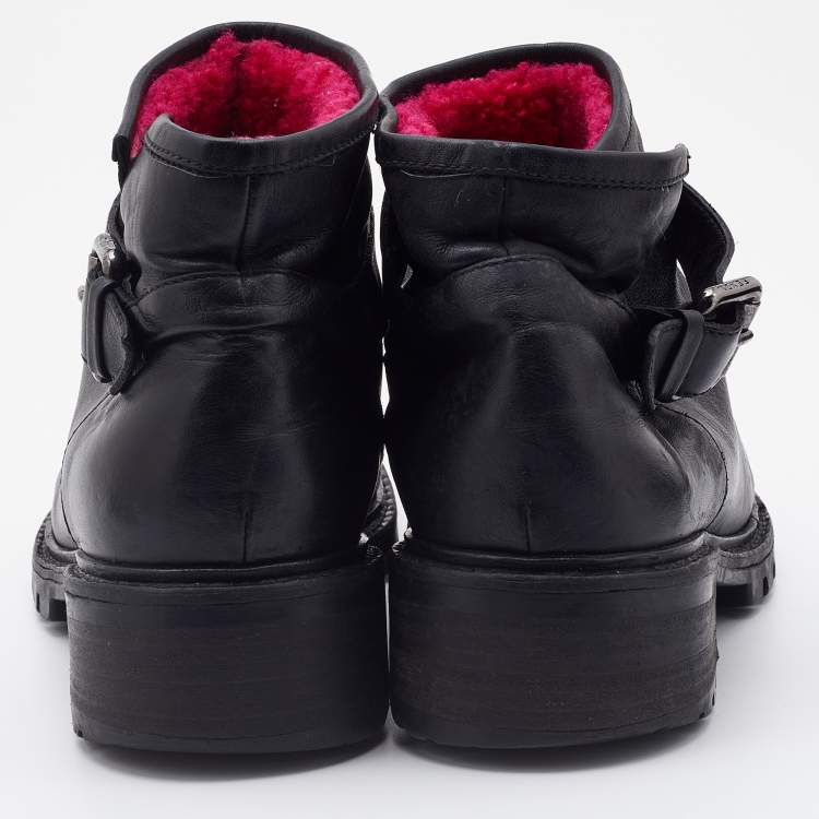 Pre Owned Fendi Black Leather Combat Ankle Boots Size 37