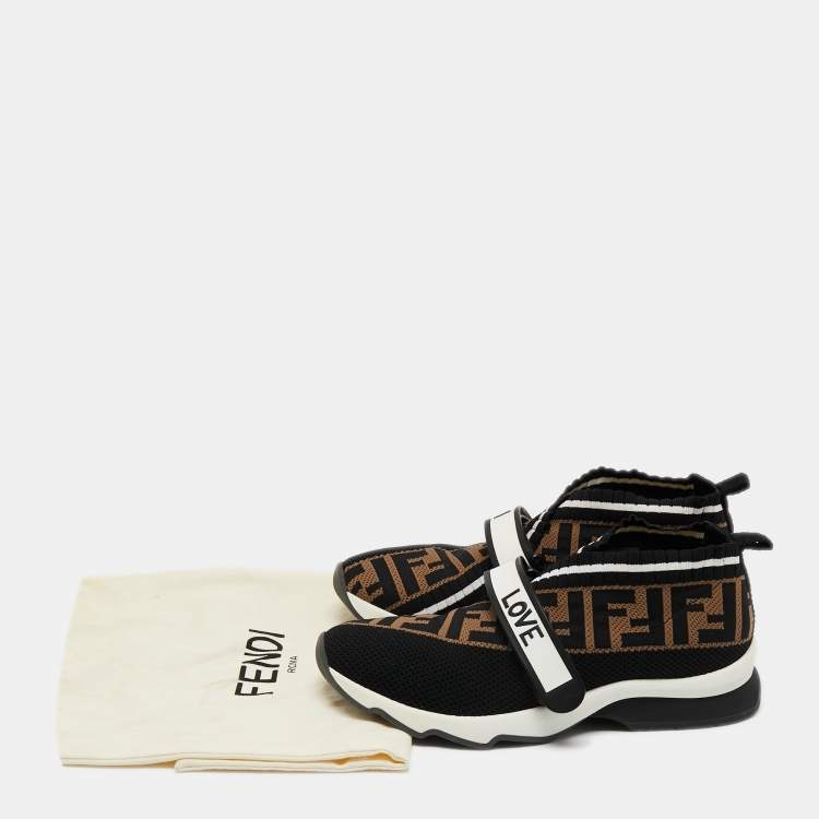 Pre Owned Fendi Black/Tobacco Zucca Knit Fabric Rockoko Sneakers Size 37