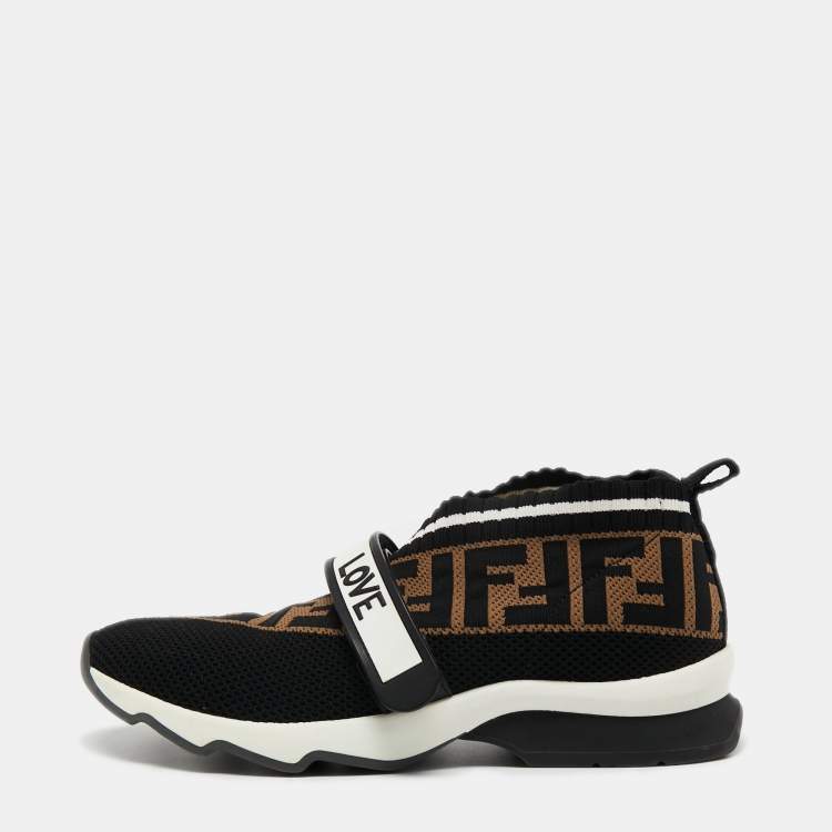 Pre Owned Fendi Black/Tobacco Zucca Knit Fabric Rockoko Sneakers Size 37