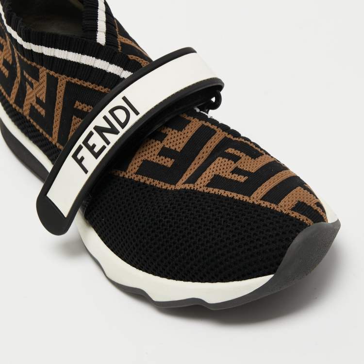 Pre Owned Fendi Black/Tobacco Zucca Knit Fabric Rockoko Sneakers Size 37