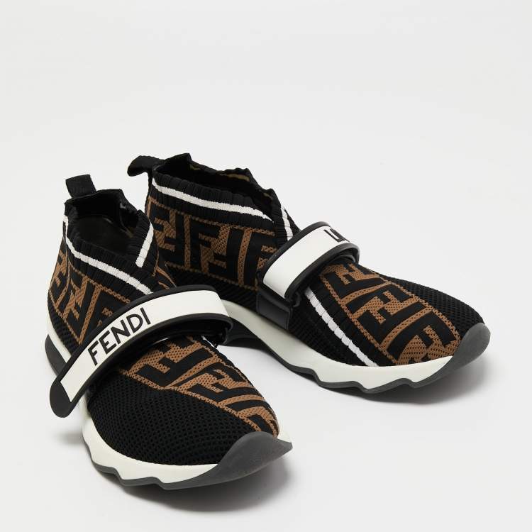 Pre Owned Fendi Black/Tobacco Zucca Knit Fabric Rockoko Sneakers Size 37