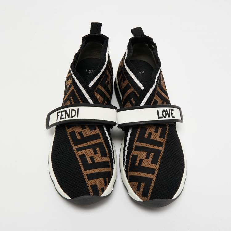 Pre Owned Fendi Black/Tobacco Zucca Knit Fabric Rockoko Sneakers Size 37