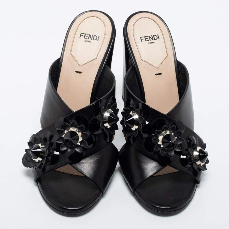 Pre Owned Fendi Black Leather Flowerland Slide Sandals Size 37.5
