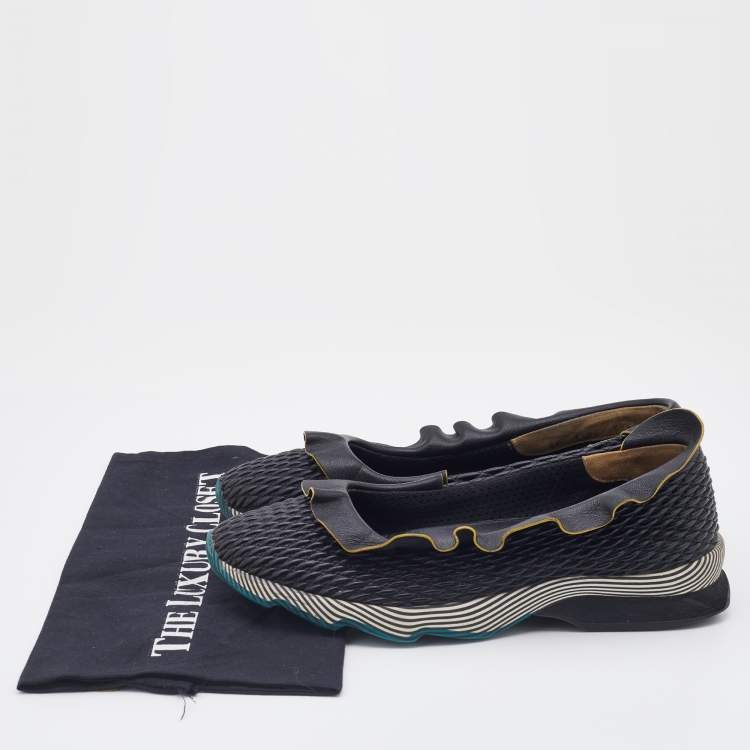 Pre Owned Fendi Black Leather Ruffle Slip On Sneakers Size 39.5