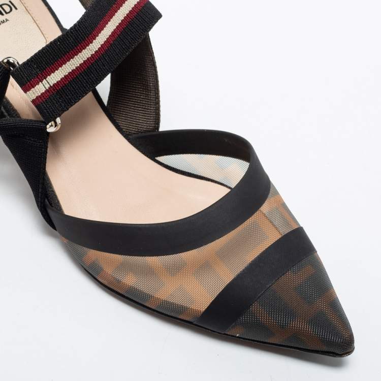 Pre Owned Fendi Brown/Black Zucca Mesh and Fabric Colibri Slingback Pumps Size 35.5